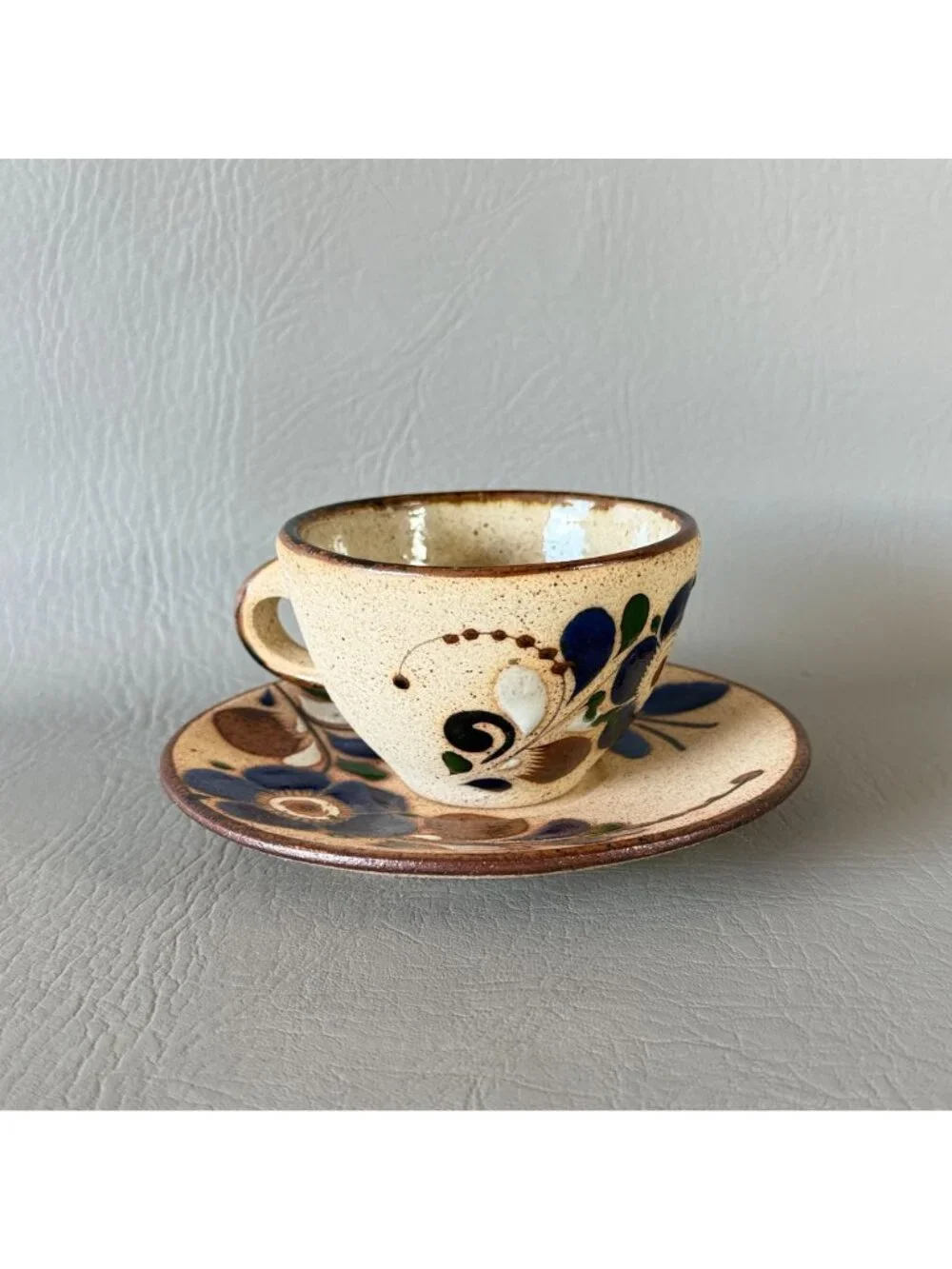 Vintage Tonala Mexico Studio Pottery Cup Saucer Set Signed Blue Butterfly 6